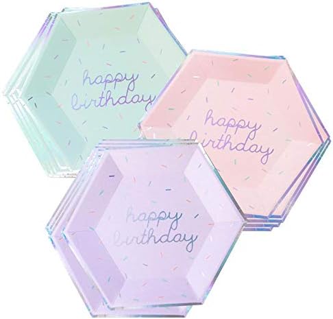 Harlow & Grey Sprinkles - Pastel Happy Birthday Large Paper Plates, 18 Plate Multi-Color Pack, Kids Party, Baby's Birthday - Disposable Party Plates
