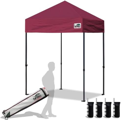 Eurmax USA 5x5ft Pop Up Canopy, Commercial Instant Tent for Outdoor Events, Patented No-Tip Rolling Storage Bag with 4 Sandbags, UV & Water Resistant, Heavy Duty Portable Shelter Gazebo,Burgundy