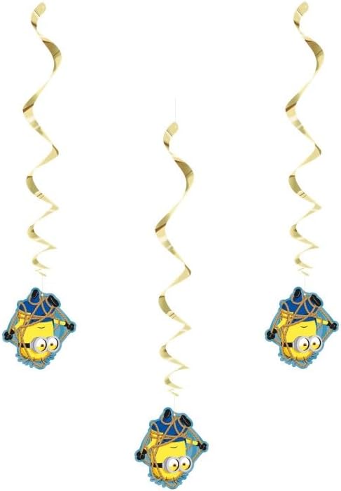 Unique Despicable Me Birthday Party Supplies Bundle Pack includes 1 Happy Birthday Banner, 6 Hanging Swirl Decorations, 1 Dinosaur Sticker Sheet