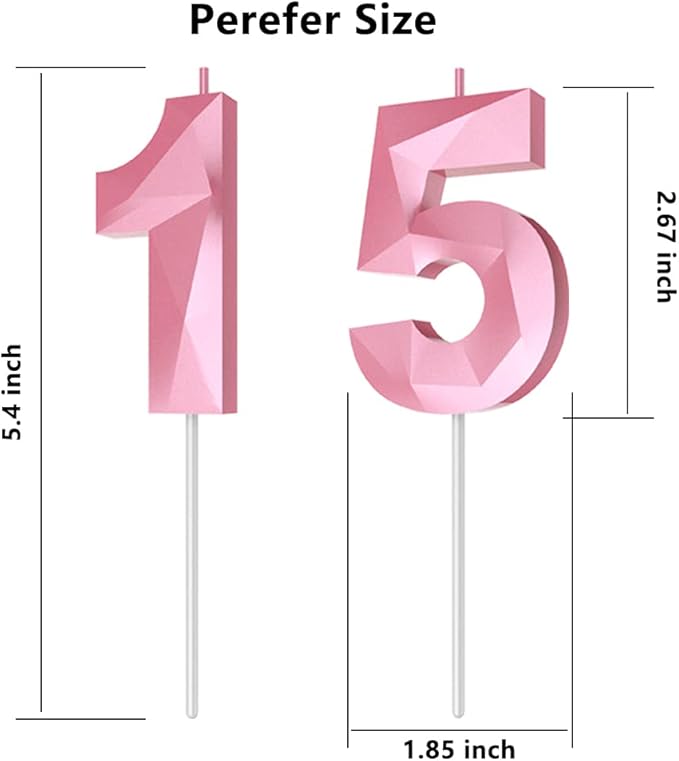 Number Birthday Candles(15 Candle Pink) 3D Diamond Shape 15th Happy Birthday Cake Topper Decorations for Girl Women Birthday Wedding Anniversary Celebration Theme Party Supplies