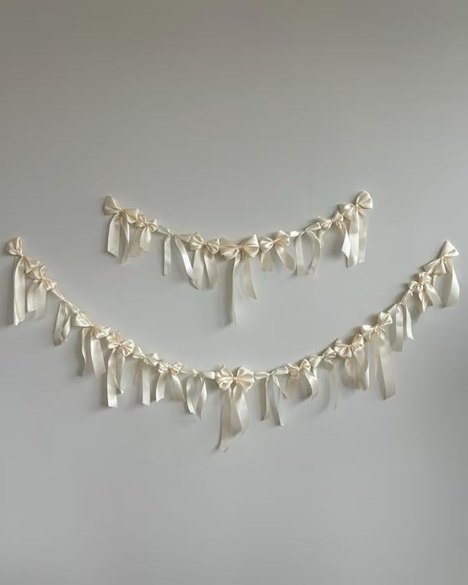 Meseey Ivory Satin Bow Garland Banner, Coquette Decor for Bachelorette Party, Bridal Shower Backdrop, Wedding Engagement Birthday Party Supplies, Photo Booth Props, Ivory Satin Ribbon Bow Decorations