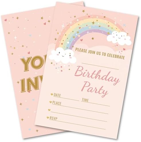 Pink Gold Rainbow Cloud Star Birthday Party Invitations