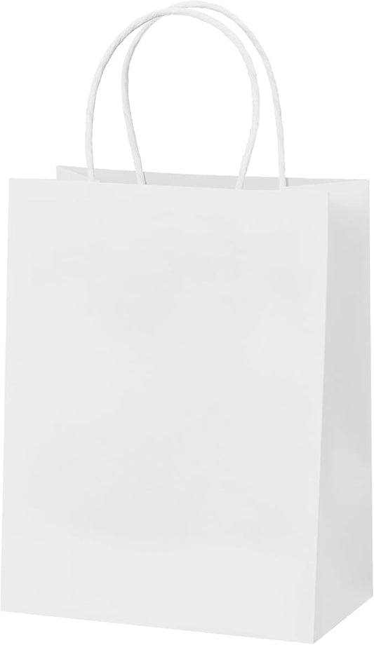 METAPRINT Kraft Paper Gift Bags with Handles in Bulk, 50pcs White Paper Bags 8x4.5x10.8 inch, Recyclable Shopping Bags for Retail, Grocery, Party Favors, Wedding