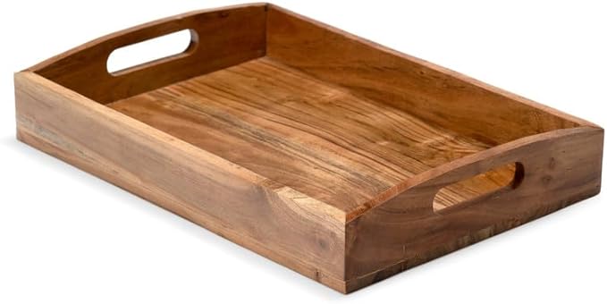 Acacia Wood Serving Tray - 16 Inch Wooden Tray with Natural Food-Safe PU Coating, Brown