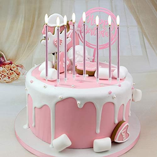 12 Count Long Thin Champagne Pink Birthday Cake Candles in Holders for Birthday Wedding Party Cupcake Decorations Tall Candles