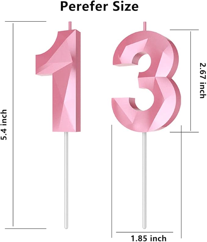 Number Birthday Candles(13 Candle Pink) 3D Diamond Shape 13th Happy Birthday Cake Topper Decorations for Girl Women Birthday Wedding Anniversary Celebration Theme Party Supplies