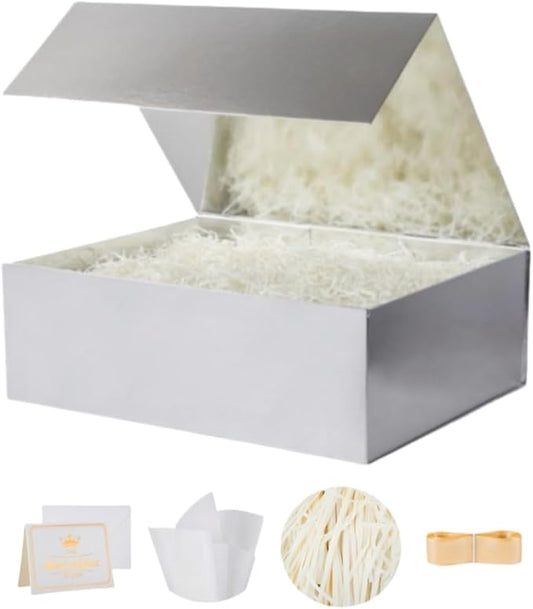 UoeRing 1 Pcs Silver Gift Box 11.5x8x4 inch Luxury Gift Box for Presents with Magnetic Lid Collapsible,Birthday,Christmas,Contains Card, Ribbon, Tissue Paper,Shredded Paper Fille