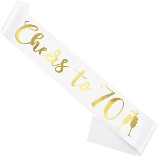 Birthday Sash White, 'Cheers To 70' Birthday Sash for Girl Women and Men with Gold Foil Letters for Funny Party Favor Supplies 70 White Gold