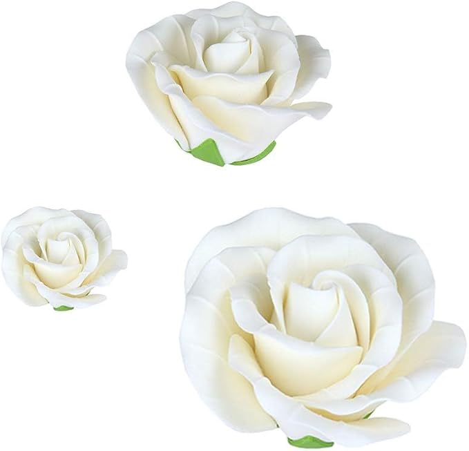 O'Creme Garden Roses Gumpaste Flower Set - White Edible Flowers for Cake Decorating - for Cakes, Candy, Cupcake Toppers - Birthday, Wedding, Valentines, Baby Shower - 2 of 3 Sizes, Total 6