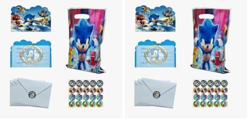 Rovercci 20 Sonic invitation card & 20 white envelopes with 20 stickers and 20 Sonic Goodie and candies Bags party favor with handles for birthday party decoration and supplies (Pack of 2)