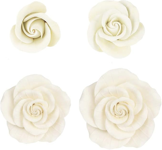O'Creme Garden Roses Gumpaste Flower Set - White Edible Flowers for Cake Decorating - Sugar Flowers for Cakes, Candy, Cupcakes - Wedding, Valentines Day, Baby Shower - 4 Different Sizes, 2 of Each