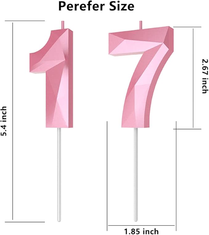 Number Birthday Candles(17 Candle Pink) 3D Diamond Shape 17th Happy Birthday Cake Topper Decorations for Girl Women Birthday Wedding Anniversary Celebration Theme Party Supplies