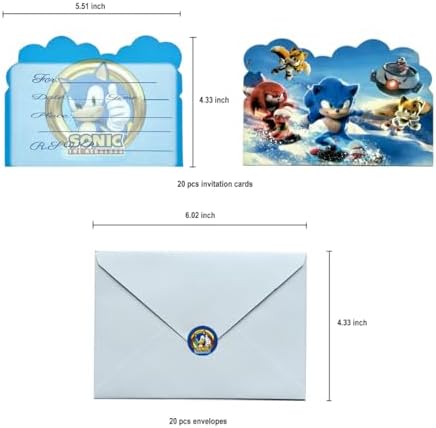 Rovercci 20 Sonic invitation card & 20 white envelopes with 20 stickers and 20 Sonic Goodie and candies Bags party favor with handles for birthday party decoration and supplies