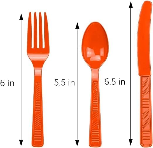 DecorRack Plastic Cutlery Set, Orange Colored Plastic Silverware Sets for Parties, 240 Piece Bulk Heavy Duty Utensils (Orange, 240 Pieces)