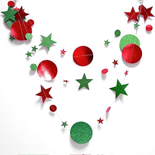 Red and Green Party Decoration Red and Green Star Circle Dot Hanging Garland Streamer Decorations Glitter Star Bunting Banner Twinkle Backdrop for Christmas Engagement Wedding Baby Shower Birthday