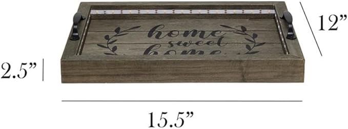 Elegant Designs HG2032-RGS Salento Farmhouse Rectangular Decorative LED Light Up Wooden Serving Tray w Metal Handles & Home Sweet Home in Black for Décor, Centerpiece, Breakfast, Bar, Rustic Gray