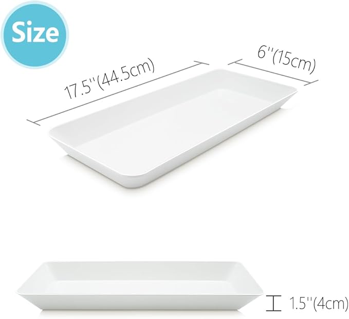 Serving Tray Platter Rectangle, 4 Pcs Long Narrow Food Tray for Veggie Fruit Snack Dessert, Plastic White Food Trays for Party Supplies Display, Rectangular Platters for Serving Food, BPA Free