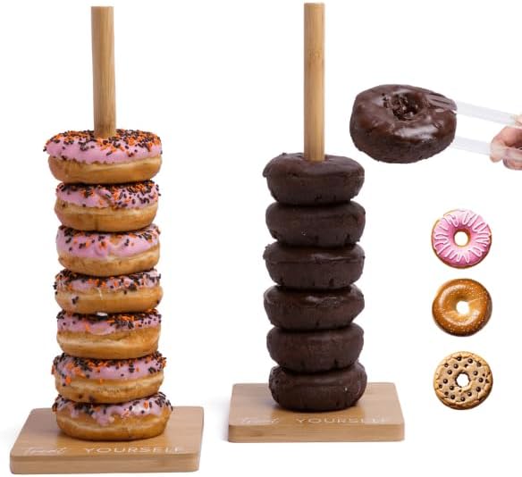 Bamboo Donut Stands for Dessert Table, Set of 2 w/ Tongs, Donut Holder Stand Party, Multipurpose Bagel Holder, Trendy Display for Party, Stylish Bagel Tower, Perfect Brunch Display, Sweet Birthday