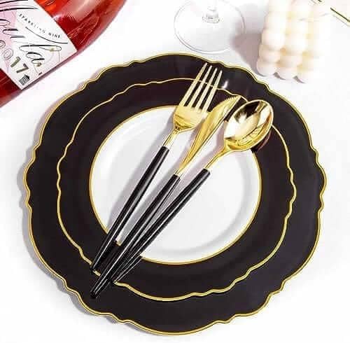 WDF 30Guest Black and Gold Plastic Plates - Gold Plastic Silverware With Black Handle Baroque Black and Gold Disposable Dinnerware for Graduation/Wedding/Party/Birthday
