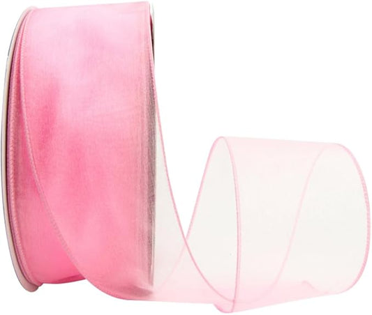 Ribbon Bazaar Sheer Organza Wired Ribbon - Wire Edged Ribbon for Floral Decor, Table Arrangements, Apparel Embellishment & More - 2-1/2" Pink 50yd Spool