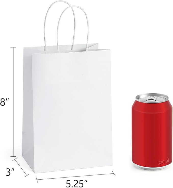 BagDream Small Gift Bags 25Pcs 5.25x3x8 Kraft White Paper Bags with Handles, for Small Gifts, Birthday, Wedding Party Favor, Retail Merchandise Paper Sacks