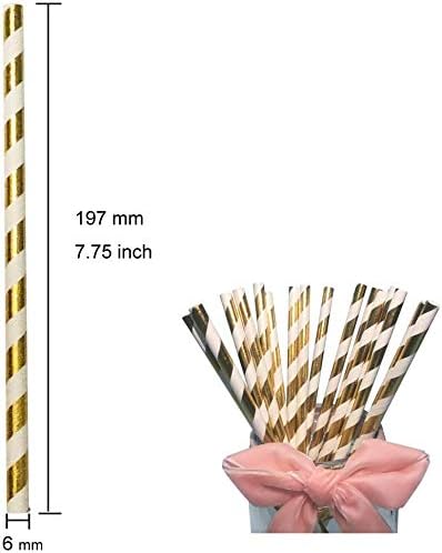 Shining Gold Striped Paper Straws, 100% Biodegradable Decorate Straws, Premium Cocktails Straws for Drinking, Juice, Smoothie Packed 100