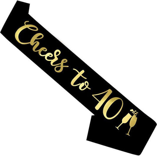 Birthday Sash Black, 'Cheers To 40' Birthday Sash for Girl Women and Men with Gold Foil Letters for Funny Party Favor Supplies 40 Black Gold