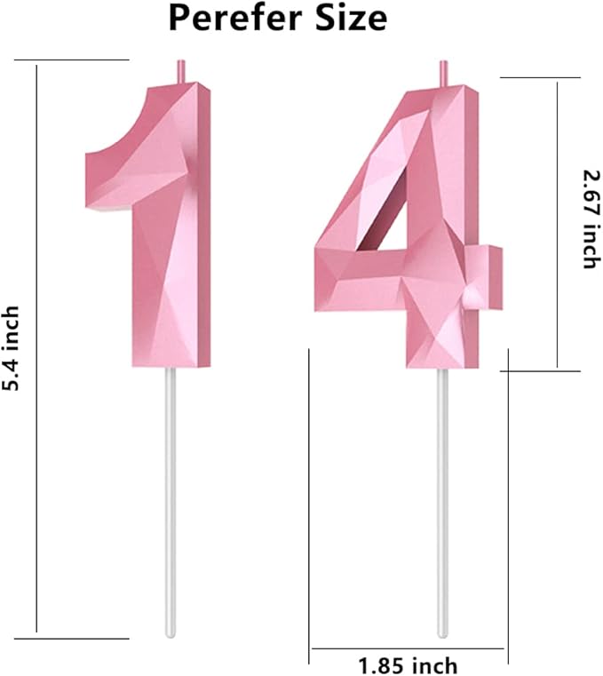 Number Birthday Candles(14 Candle Pink) 3D Diamond Shape 14th Happy Birthday Cake Topper Decorations for Girl Women Birthday Wedding Anniversary Celebration Theme Party Supplies