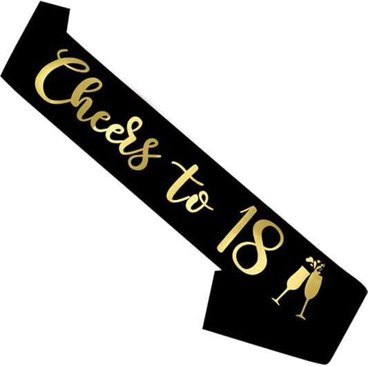 Birthday Sash Black, 'Cheers To 18' Birthday Sash for Girl Women and Men with Gold Foil Letters for Funny Party Favor Supplies 18 Black Gold