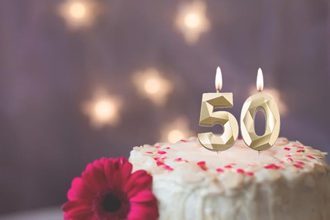 2 inch Gold 50 Birthday Candles, 3D Diamond Number 50 Cake Topper for Men Women Birthday Party Decorations Theme Party