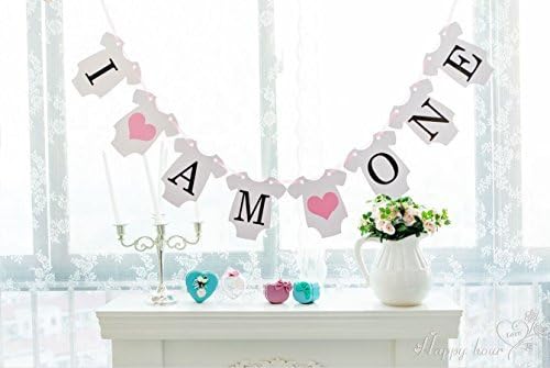 I AM ONE Banner Girl with Pink Heart Paper Banner for 1st Baby Girl Birthday Party Decorations, 1st Decor