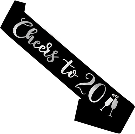 Birthday Sash Black, 'Cheers To 20' Birthday Sash for Girl Women and Men with Silver Foil Letters for Funny Party Favor Supplies 20 Black Silver