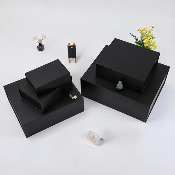 UoeRing 1 Pcs Black Gift Box 11.5x8x4 inch Luxury Gift Box for Presents with Magnetic Lid Collapsible,Birthday,Christmas,Contains Card, Ribbon, Tissue Paper,Shredded Paper Fille