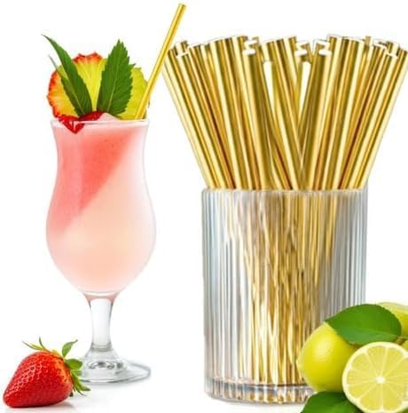 Gold Straws –Disposable Biodegradable Eco Drinking Paper Straws for Bachelorette Parties, Weddings Cocktails Decor, Stylish Party Cake Pop Sticks for Birthday Holiday Anniversary New Year x100