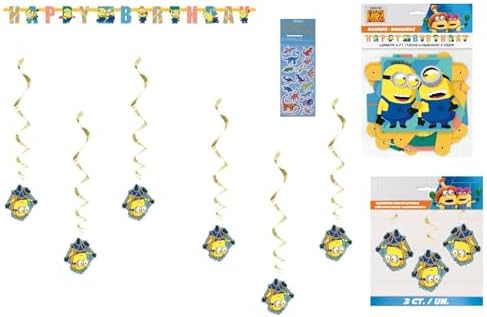 Unique Despicable Me Birthday Party Supplies Bundle Pack includes 1 Happy Birthday Banner, 6 Hanging Swirl Decorations, 1 Dinosaur Sticker Sheet