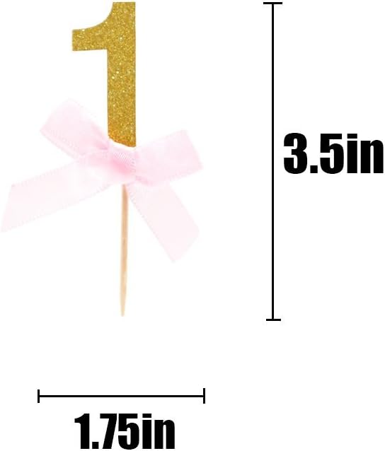 Number One Cupcake Toppers Glitter With Pink Ribbon Bow 1st One Birthday Decorations Kids' Gathering DIY Home Theme Party Food Fruit Cake Picks for Baby Shower Decor (20PCS Gold)