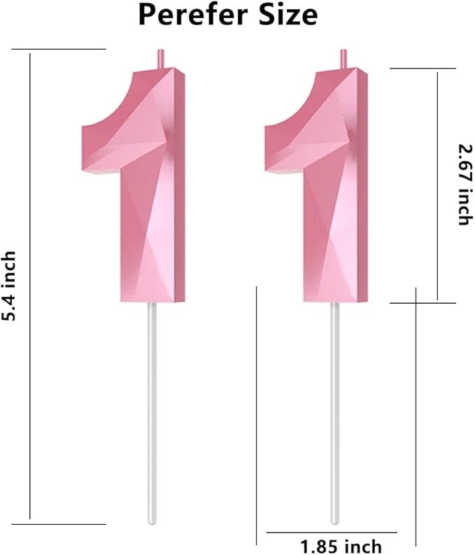 Number Birthday Candles(11 Candle Pink) 3D Diamond Shape 11th Happy Birthday Cake Topper Decorations for Girl Women Birthday Wedding Anniversary Celebration Theme Party Supplies