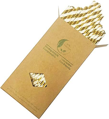 Shining Gold Striped Paper Straws, 100% Biodegradable Decorate Straws, Premium Cocktails Straws for Drinking, Juice, Smoothie Packed 100