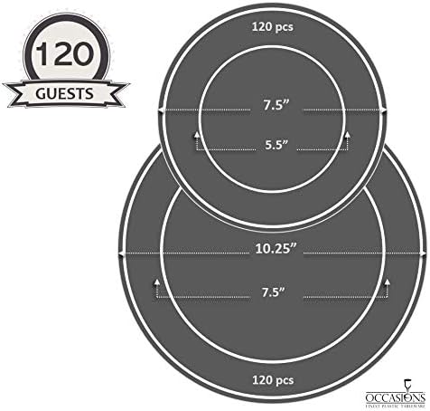 " OCCASIONS " 240 Plates Pack,(120 Guests) Premium Wedding Party Disposable Plastic Plates Set -120 x 10.25'' Dinner + 120 x 7.5'' Salad/Dessert (Scalloped in White/Blue & Gold)