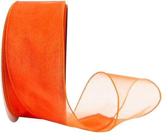 Ribbon Bazaar Sheer Organza Wired Ribbon - Wire Edged Ribbon for Floral Decor, Table Arrangements, Apparel Embellishment & More - 2-1/2" Orange 50yd Spool