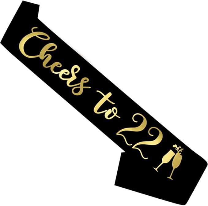 Birthday Sash Black, 'Cheers To 22' Birthday Sash for Girl Women and Men with Gold Foil Letters for Funny Party Favor Supplies 22 Black Gold