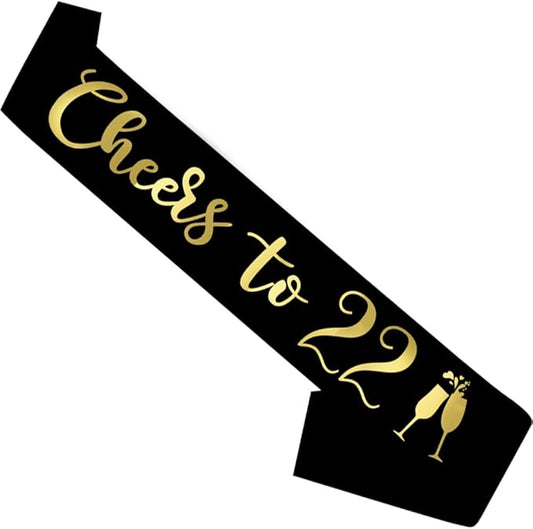 Birthday Sash Black, 'Cheers To 22' Birthday Sash for Girl Women and Men with Gold Foil Letters for Funny Party Favor Supplies 22 Black Gold