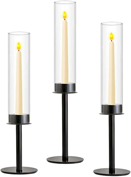 Black Candle Holders 3pc Hurricane Candlestick Holders,Taper Candle Holders with Glass Candle Cover for Wedding Table Centerpiece Decoration Christmas Party