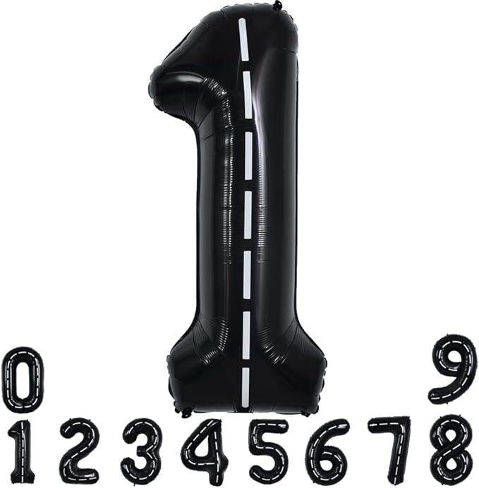TONIFUL Race Car Black Balloons Car Birthday Party Supplies,40 Inch Giant Jumbo Helium Foil Mylar Big Number 1 Digital 1 Balloons for Boy's Birthday Party Truck Race Car Theme Party Decorations