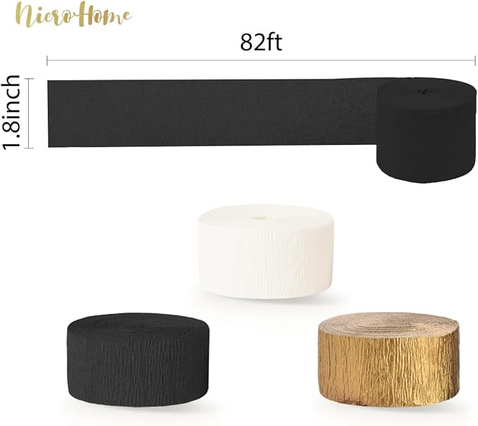NICROHOME EUR Black Gold Party Decorations, 6 Rolls Crepe Paper Party Streamers for Graduation, Wedding, Birthday, Black and Gold New Years Eve Party Decoration, 82Ft Long