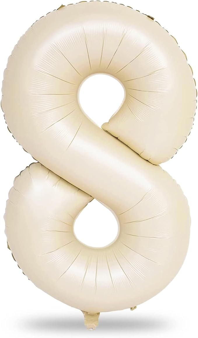 40 Inch Cream Foil Balloon Number 8, Giant Self Inflating Beige Number Balloons 0-9 for Men Women, White Sand 8 Helium Balloons Set for Girls Boys 8th Birthday Anniversary Party Decorations Supplies