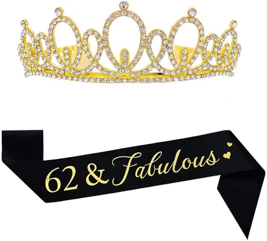 Happy 62th Birthday Tiara and Sash Gifts Crystal Rhinestone Princess Crown Birthday Women Party Favor Supplies Gold Crowns Black Sash