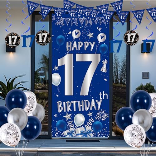 17th Birthday Decorations for Boys Girls, Blue 17 Year Old Party Supplies