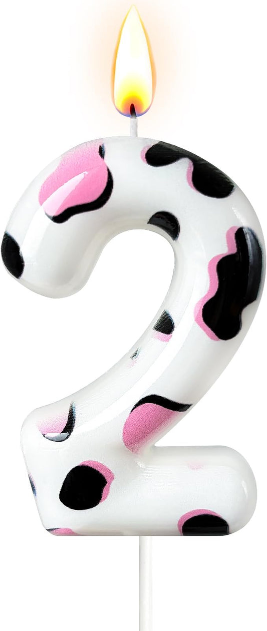 Number 2 Birthday Candle for Cake – Cow Print Design in White Black Pink – Farm Theme & Cowgirl Party Cake Topper Decoration