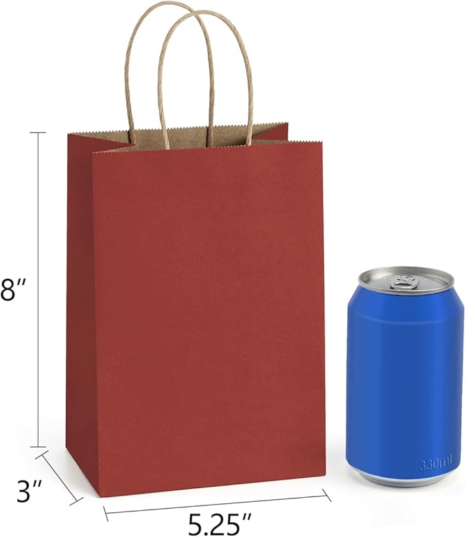 BagDream Small Gift Bags 25Pcs 5.25x3x8 Red Paper Bags with Handles, Kraft Paper Sacks for Small Gifts, Birthday, Wedding Party Favor, Christmas Valentine‘s Day